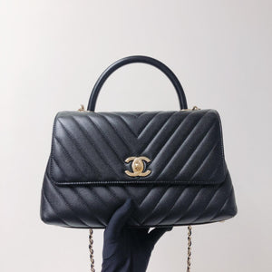 Coco Handle Medium Chevron Flap Bag in Black with GHW