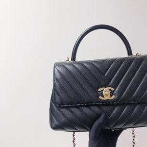Coco Handle Medium Chevron Flap Bag in Black with GHW