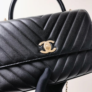 Coco Handle Medium Chevron Flap Bag in Black with GHW
