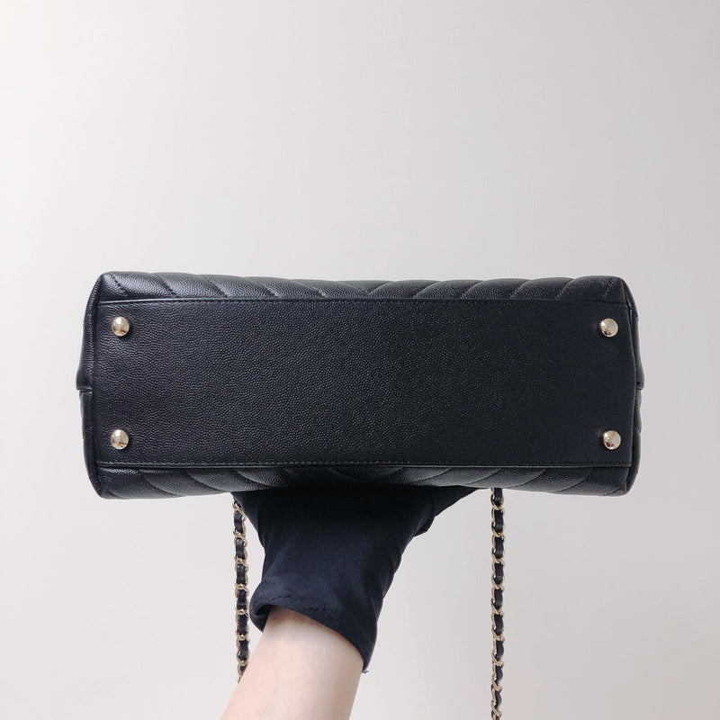 Coco Handle Medium Chevron Flap Bag in Black with GHW