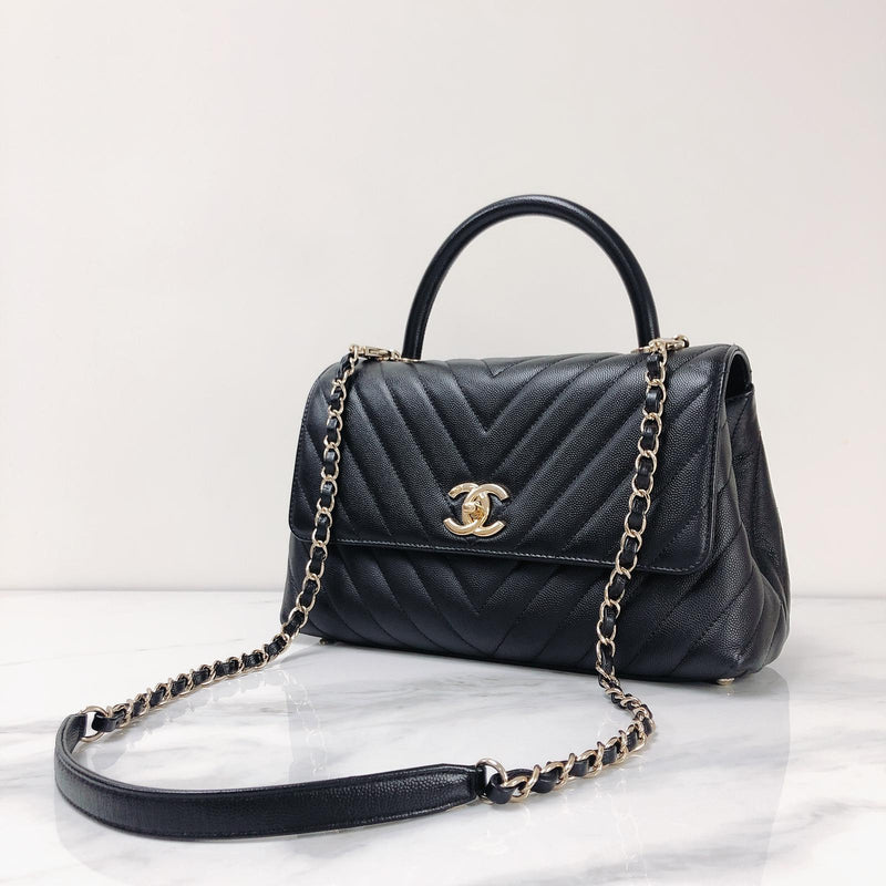 Coco Handle Medium Chevron Flap Bag in Black with GHW