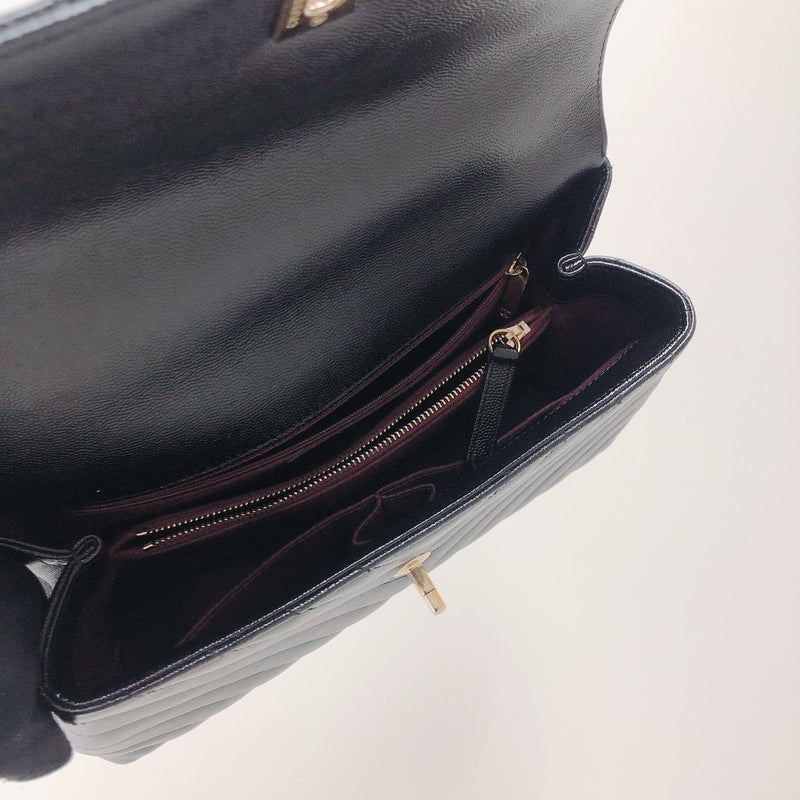 Coco Handle Medium Chevron Flap Bag in Black with GHW