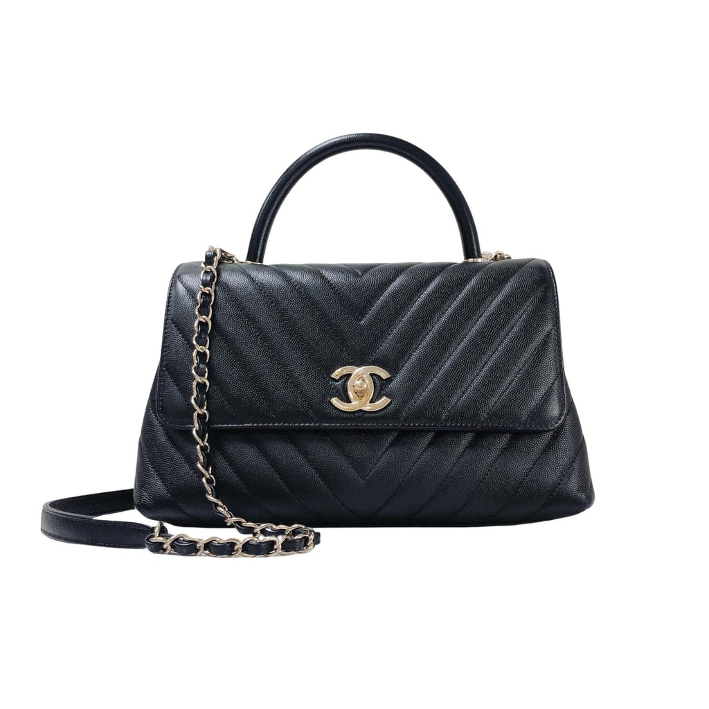 Coco Handle Medium Chevron Flap Bag in Black with GHW