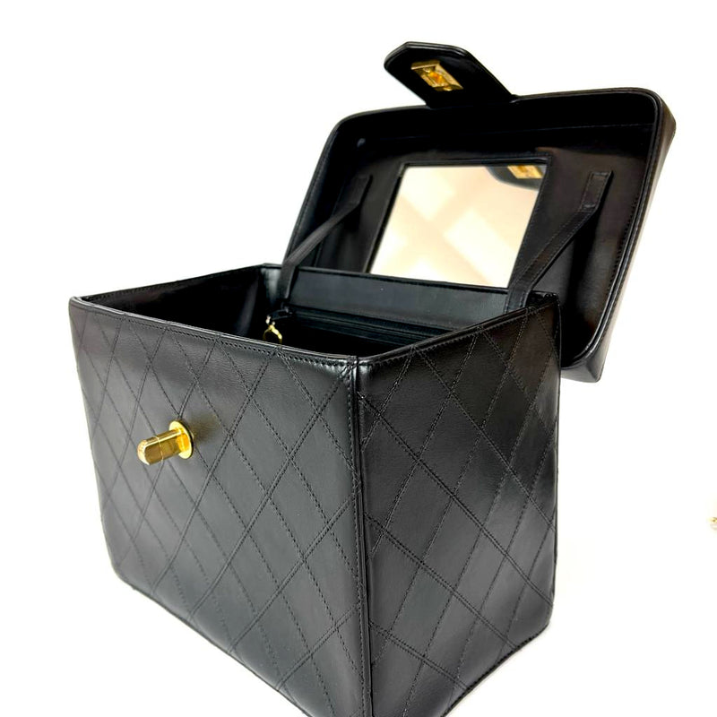 Vintage Quilted Leather Vanity Cosmetic Case Black