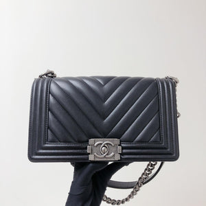 Chevron Caviar Old Medium Boy Bag in Black with SHW