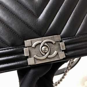 Chevron Caviar Old Medium Boy Bag in Black with SHW