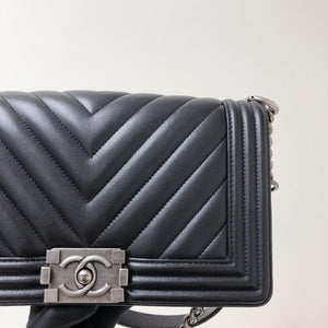 Chevron Caviar Old Medium Boy Bag in Black with SHW