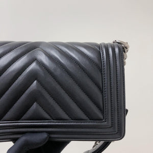 Chevron Caviar Old Medium Boy Bag in Black with SHW