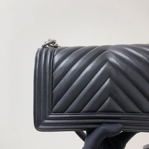Chevron Caviar Old Medium Boy Bag in Black with SHW