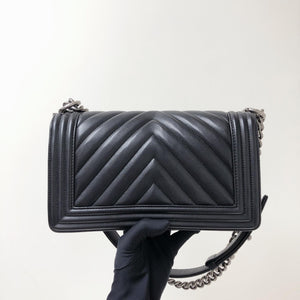 Chevron Caviar Old Medium Boy Bag in Black with SHW