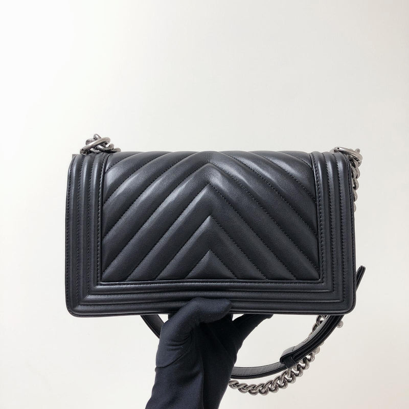 Chanel Black Tweed Chevron Medium Boy Flap Bag