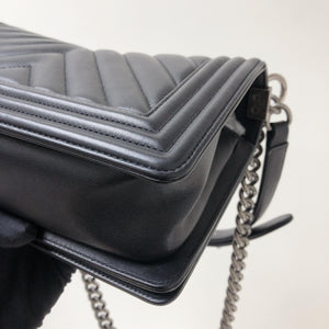 Chevron Caviar Old Medium Boy Bag in Black with SHW