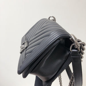 Chevron Caviar Old Medium Boy Bag in Black with SHW