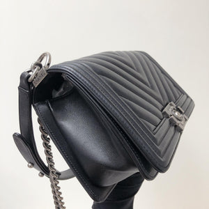 Chevron Caviar Old Medium Boy Bag in Black with SHW