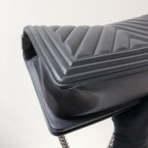 Chevron Caviar Old Medium Boy Bag in Black with SHW
