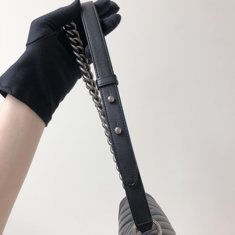 Chevron Caviar Old Medium Boy Bag in Black with SHW