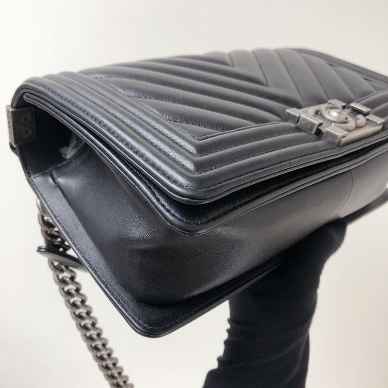 Chevron Caviar Old Medium Boy Bag in Black with SHW