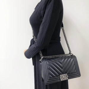 Chevron Caviar Old Medium Boy Bag in Black with SHW