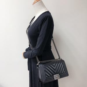 Chevron Caviar Old Medium Boy Bag in Black with SHW