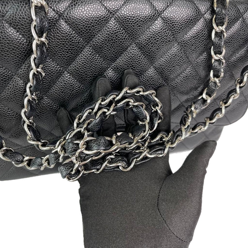 CHANEL Classic Black Quilted Caviar SHW Silver Chain Jumbo Large