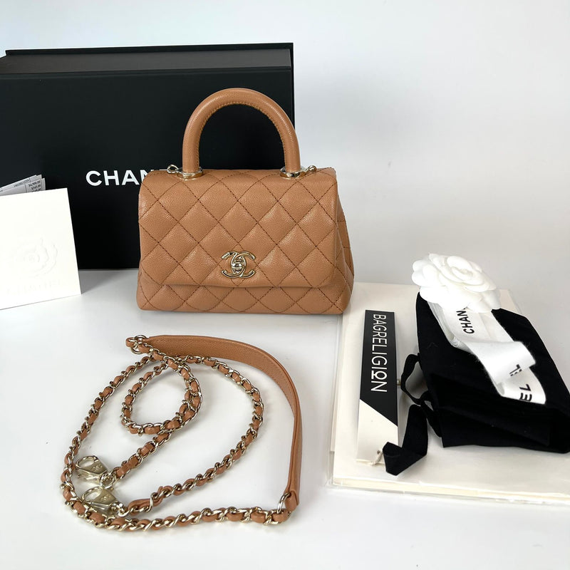 Chanel Small Coco Handle bag Caramel Caviar leather Gold Hardware