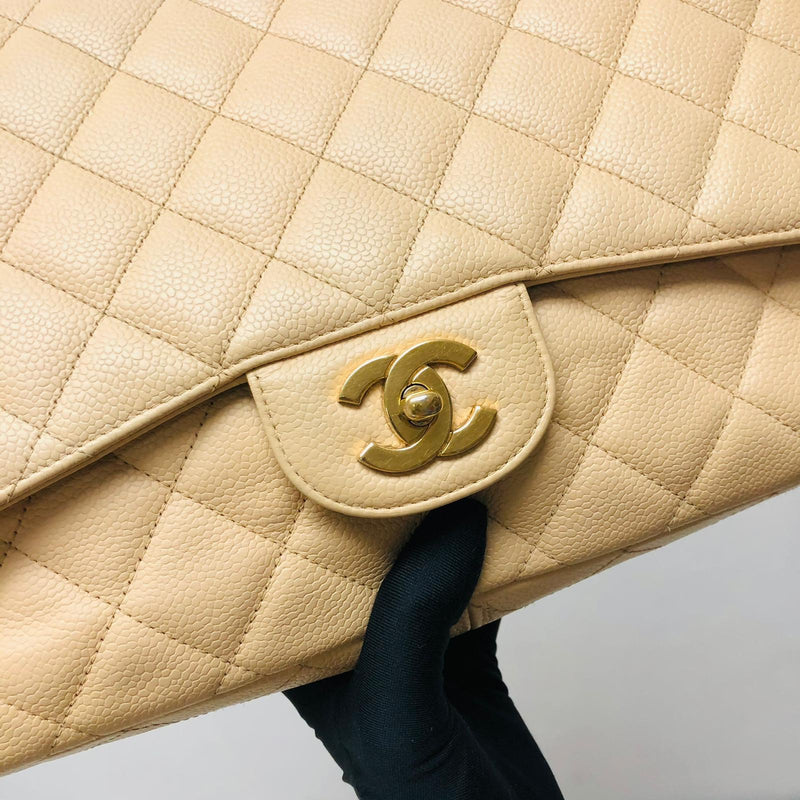 Jumbo Single Flap Caviar Leather Beige GHW