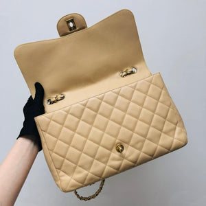 Jumbo Single Flap Caviar Leather Beige GHW
