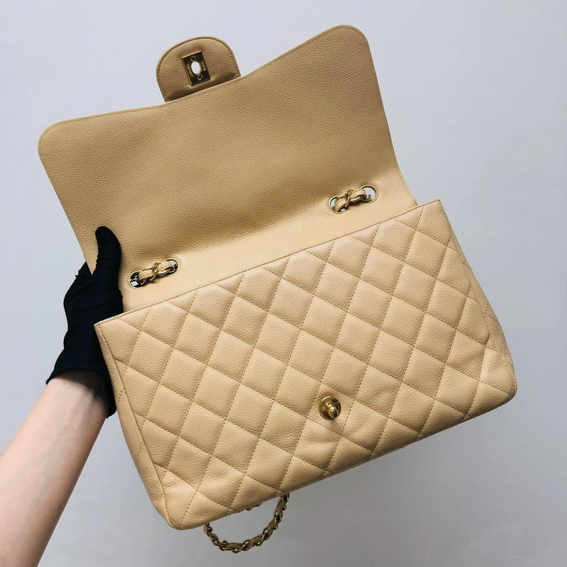 Jumbo Single Flap Caviar Leather Beige GHW
