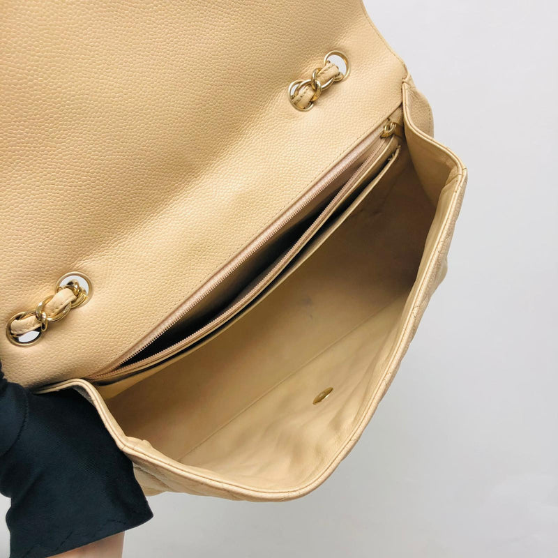 Jumbo Single Flap Caviar Leather Beige GHW