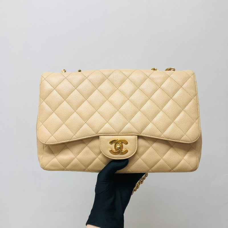 Jumbo Single Flap Caviar Leather Beige GHW