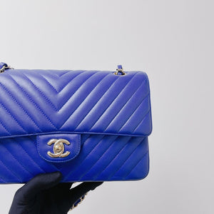 Classic Flap Medium Chevron Lambskin Blue LGHW
