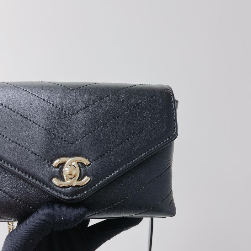Calfskin Chevron Stitched Coco Belt Bag Black with LGHW
