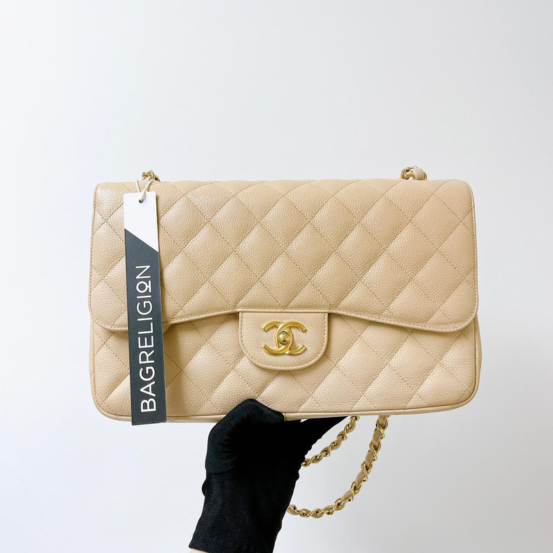 Double Flap Jumbo Caviar Beige GHW