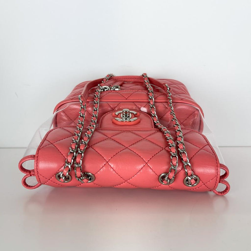 Chanel Pink Crumpled Leather and Transparent PVC Vanity Flap Backpack Bag -  Yoogi's Closet