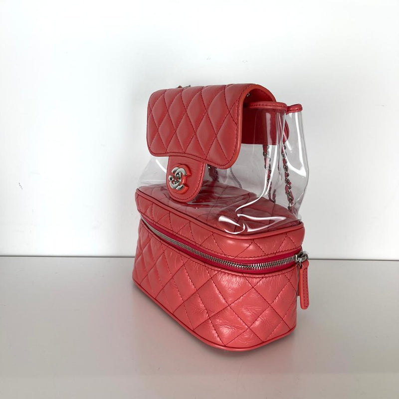 Pink Crinkled Leather and  PVC Vanity Bag