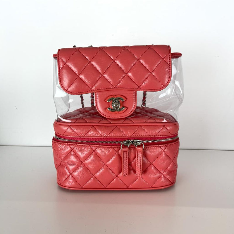 Pink Crinkled Leather and  PVC Vanity Bag