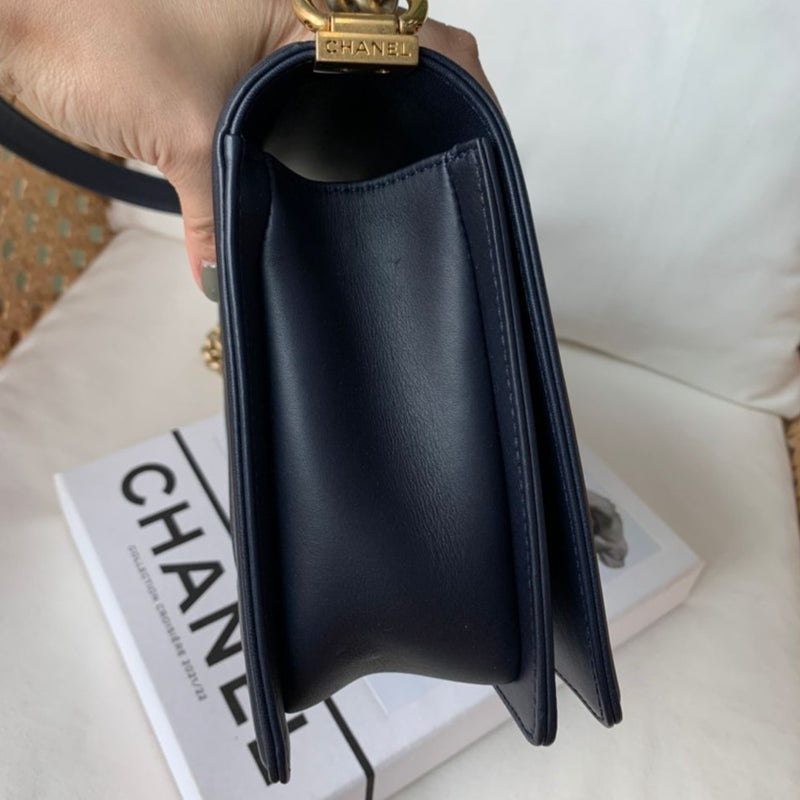 Chevron Boy Bag New Medium Mixed Leather Blue GHW