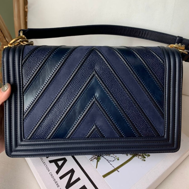Chevron Boy Bag New Medium Mixed Leather Blue GHW
