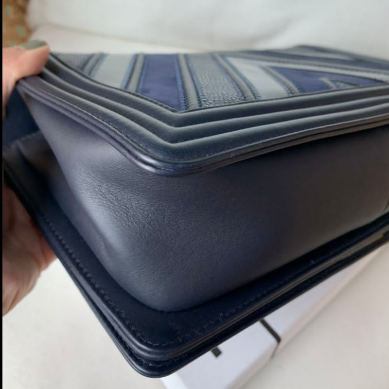 Chevron Boy Bag New Medium Mixed Leather Blue GHW