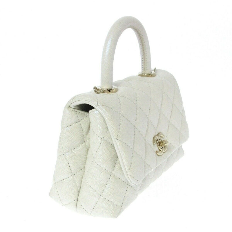 CHANEL White Coco Handle Shoulder Bag Quilted Caviar Leather