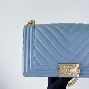 Boy Old Medium Lambskin Light Blue GHW