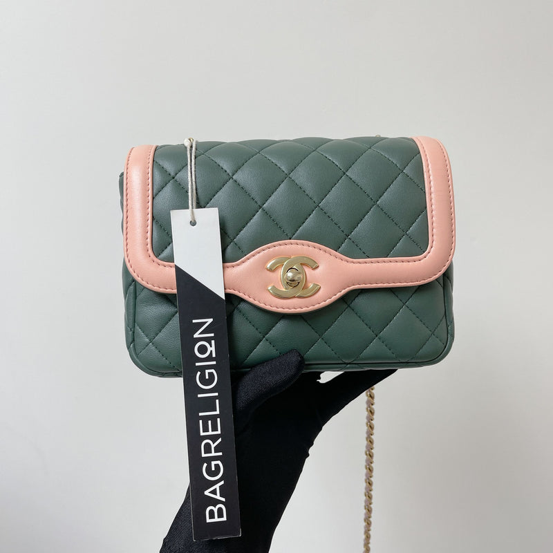 Two Toned Flap Lambskin Green/Pink GHW