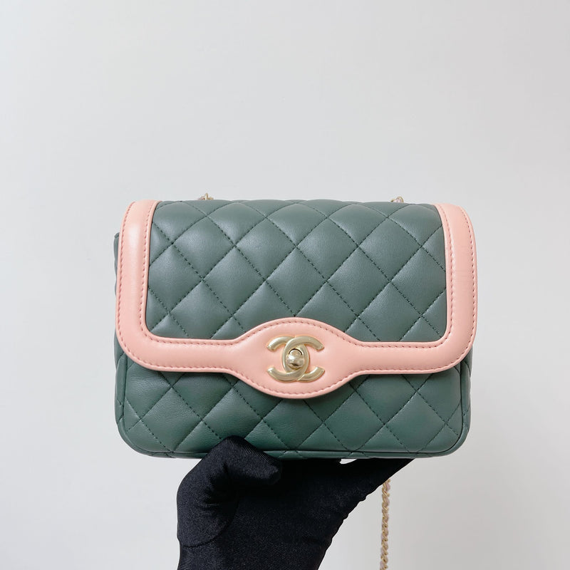 Two Toned Flap Lambskin Green/Pink GHW