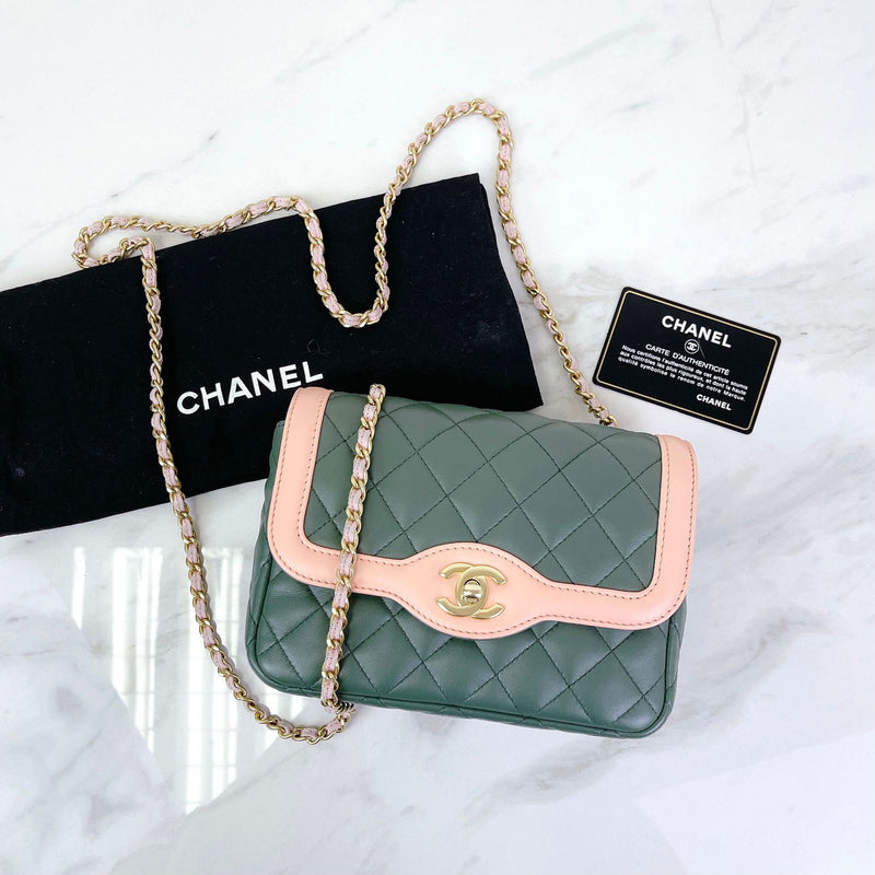 Two Toned Flap Lambskin Green/Pink GHW