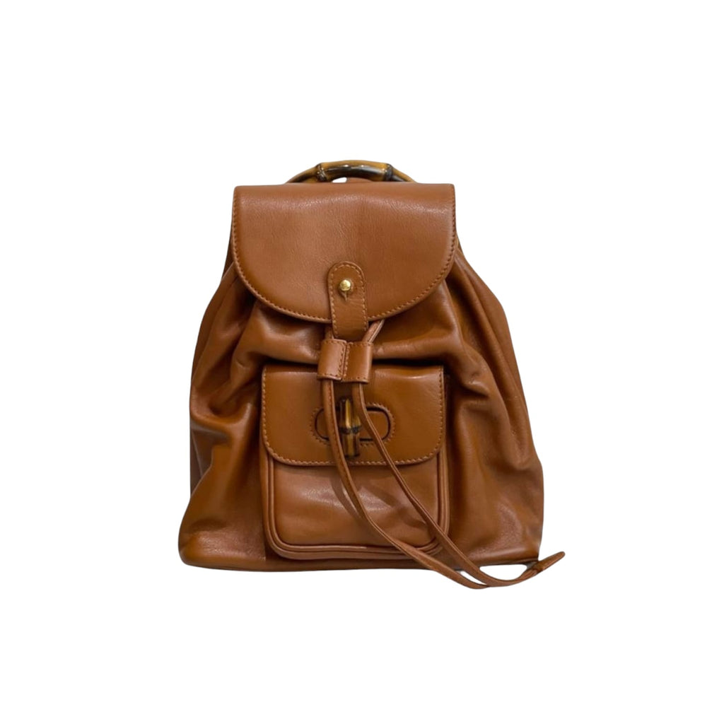 Bamboo Drawstring Leather Backpack Brown
