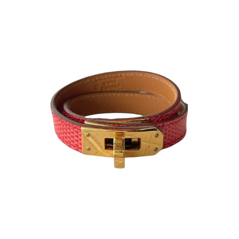 Hermes Dark Orange Lizard Kelly Double Tour Wrap Bracelet PHW