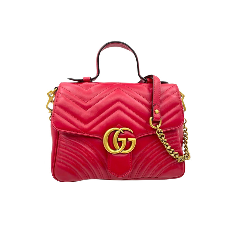 Medium GG Marmont Matelasse Chevron Top Handle Red GHW