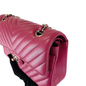 Small Classic Chevron Rectangle Flap Lambskin Dark Pink SHW
