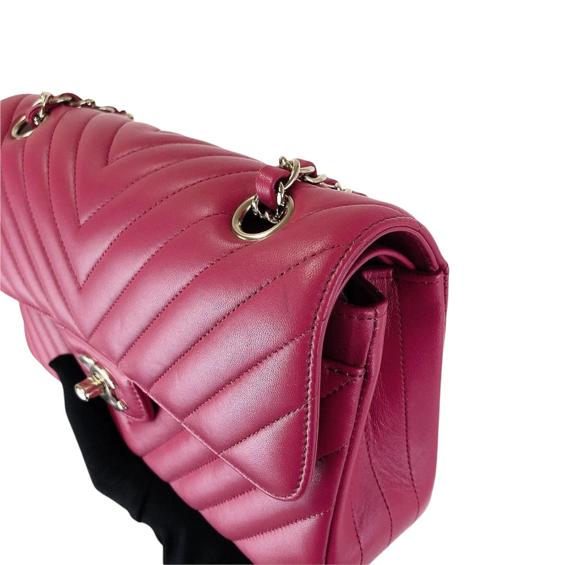 Small Classic Chevron Rectangle Flap Lambskin Dark Pink SHW