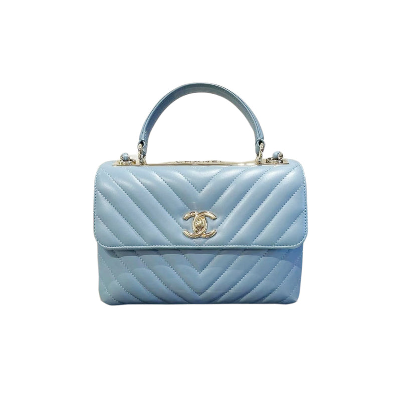 CHANEL Chevron Quilted Small Trendy CC Flap Dual Handle Lambskin Bag Blue